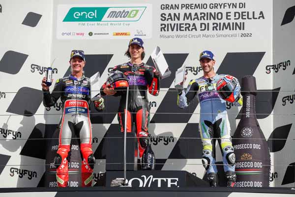 Aegerter, Casadei, Ferrari-Coppa del Mondo MotoE 2022 Misano podio Gara 1-motogp.com