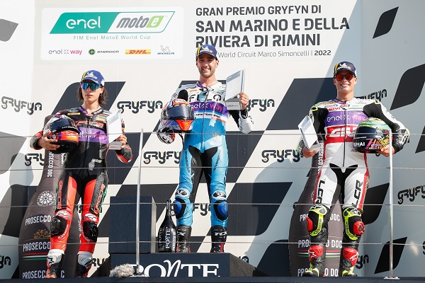 MotoE 2022 - Il podio di gara 2 a Misano, da sin. Casadei - Ferrari - Granado  - motogp.com